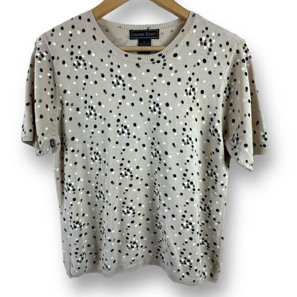 Laura Scott Women's L Short Sleeve Sweater Tee Neutral Tones Polka Dot Pattern - Picture 1 of 8